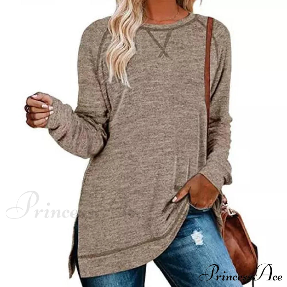 Women's Fall Long Sleeve Side Split Loose Casual Pullover Tunic Tops Brown __stock:500 clothes refund_fee:800 tops