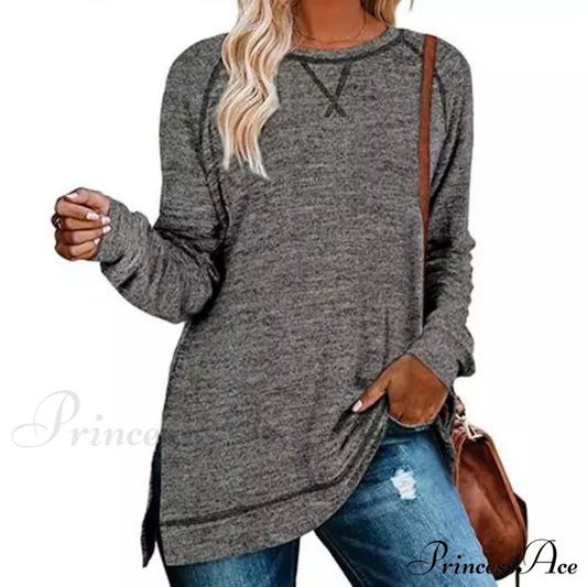 Women's Fall Long Sleeve Side Split Loose Casual Pullover Tunic Tops Gray __stock:500 clothes refund_fee:800 tops