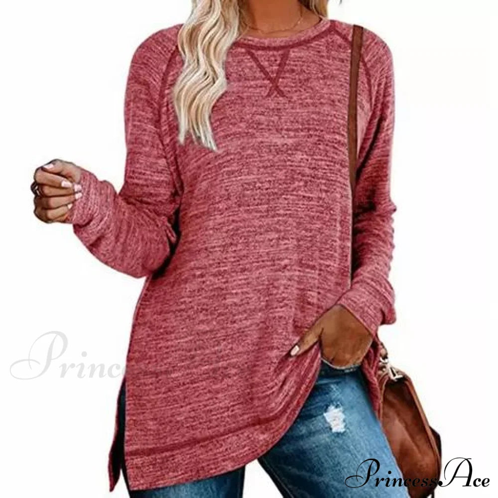 Women's Fall Long Sleeve Side Split Loose Casual Pullover Tunic Tops Red __stock:500 clothes refund_fee:800 tops