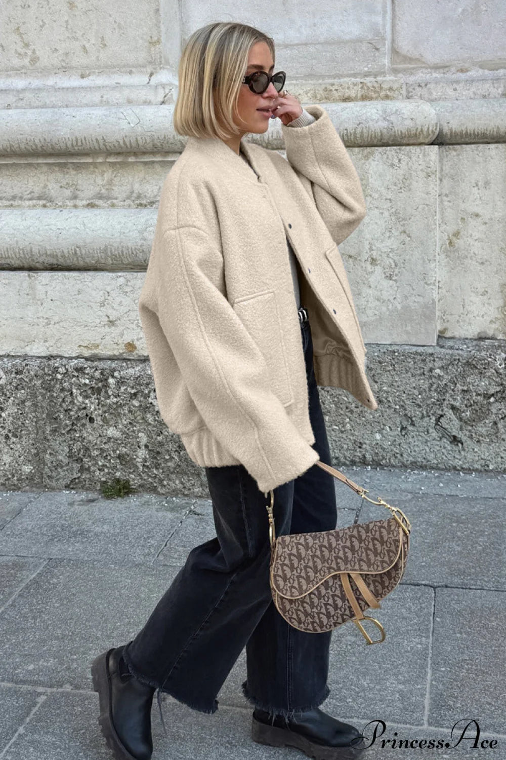 Loose Stand Collar Textured Wool Casual Coat