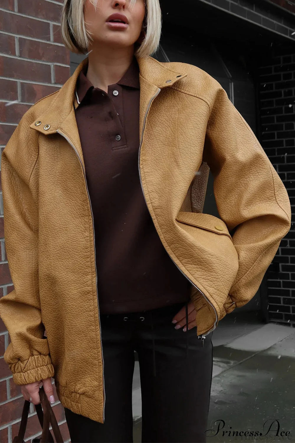 Loose Stand Collar Zipper Textured PU Leather Coat