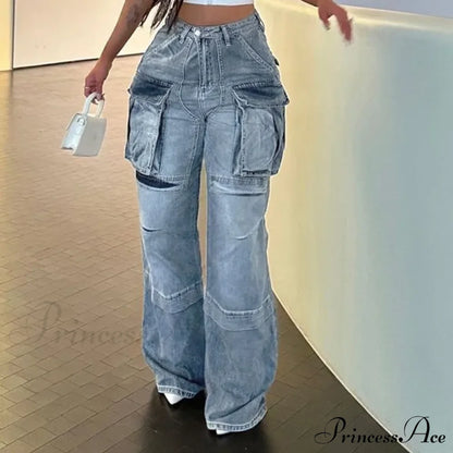 Loose Streetwear Summer Outfits 2024 Blue High Waist Casual Fashion Y2K Straight Cargo Denim Jean