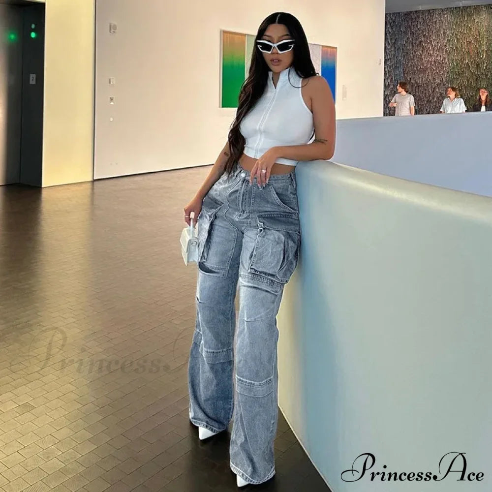 Loose Streetwear Summer Outfits 2024 Blue High Waist Casual Fashion Y2K Straight Cargo Denim Jean