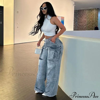 Loose Streetwear Summer Outfits 2024 Blue High Waist Casual Fashion Y2K Straight Cargo Denim Jean