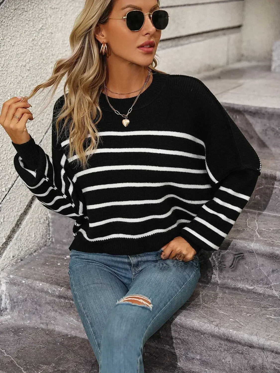 Loose Striped Crochet Sweet Sweater