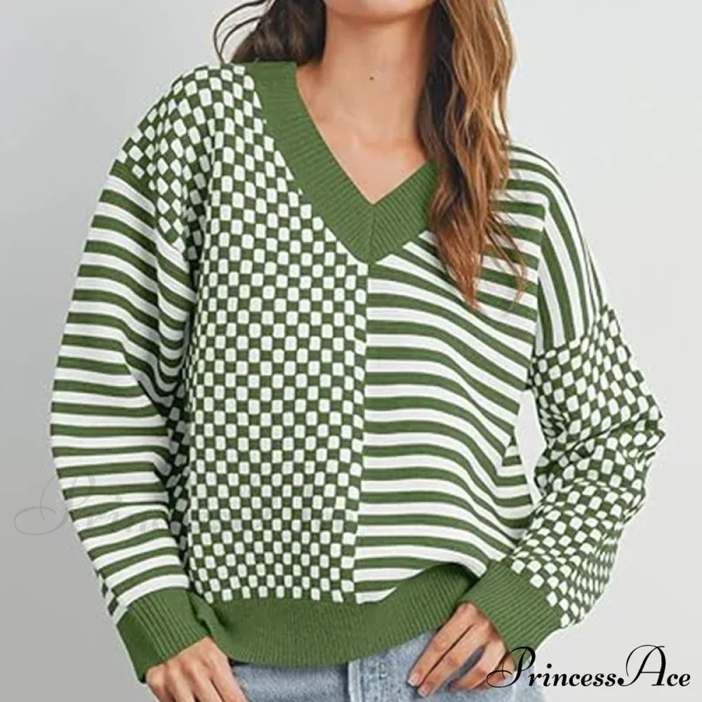 Loose Striped Plaid Casual Long Sleeve Cute Retro Chic Green Christmas Sweater Green / S Sweaters-L