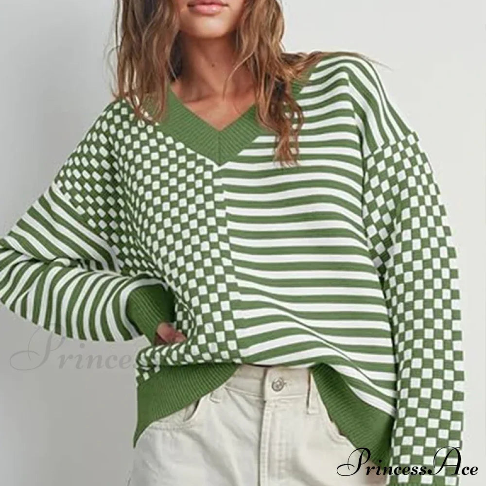 Loose Striped Plaid Casual Long Sleeve Cute Retro Chic Green Christmas Sweater Sweaters-L