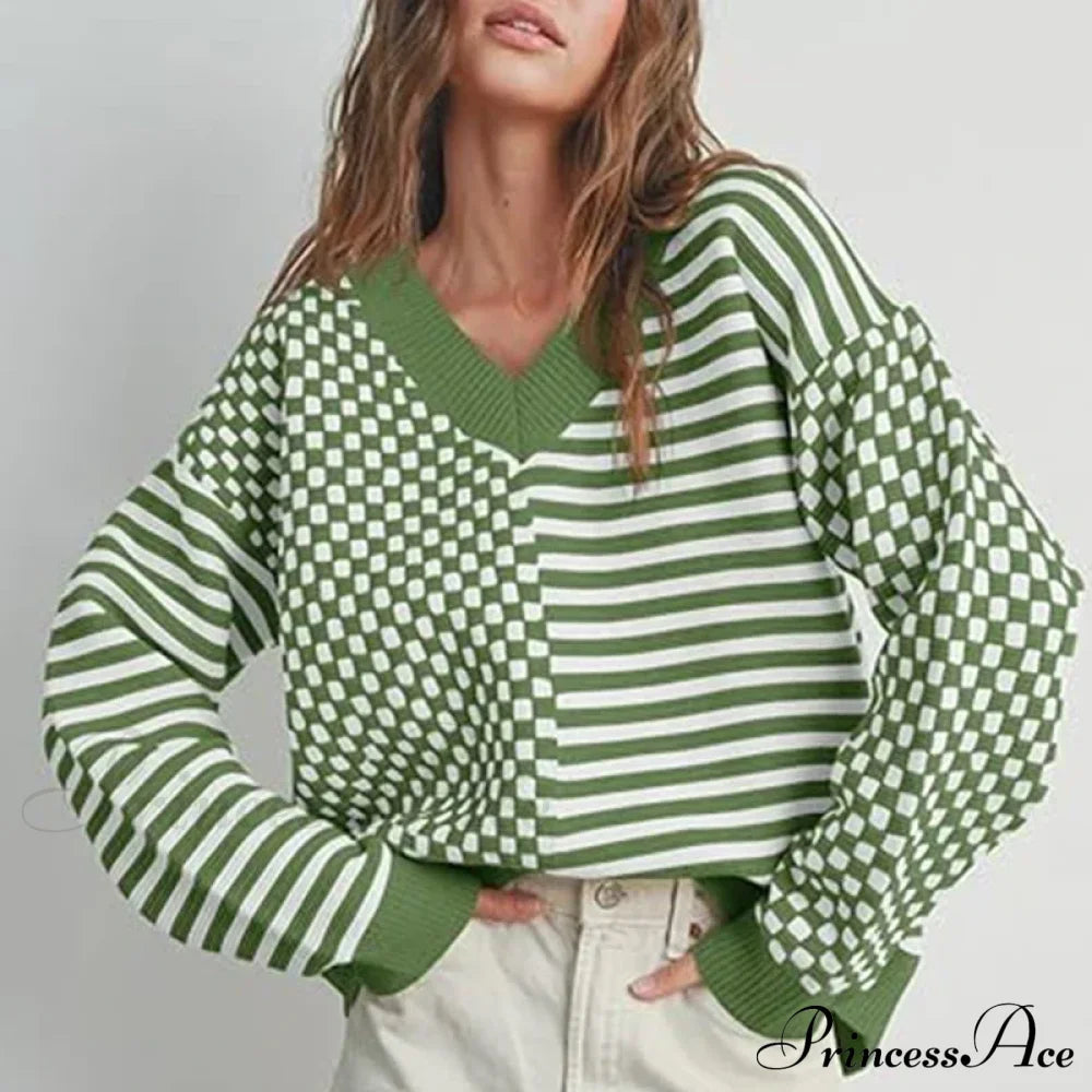 Loose Striped Plaid Casual Long Sleeve Cute Retro Chic Green Christmas Sweater Sweaters-L