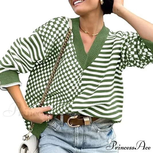 Loose Striped Plaid Casual Long Sleeve Cute Retro Chic Green Christmas Sweater Sweaters-L