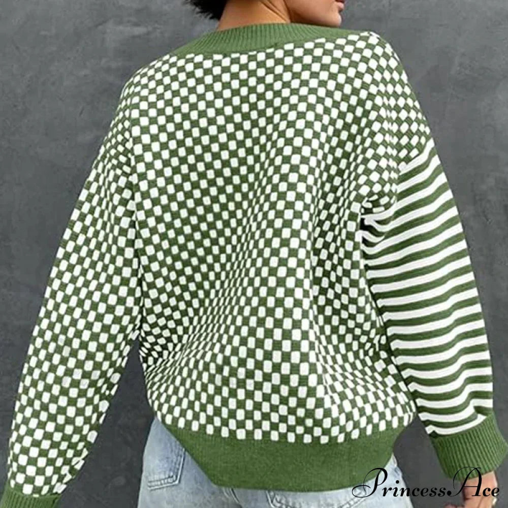 Loose Striped Plaid Casual Long Sleeve Cute Retro Chic Green Christmas Sweater Sweaters-L