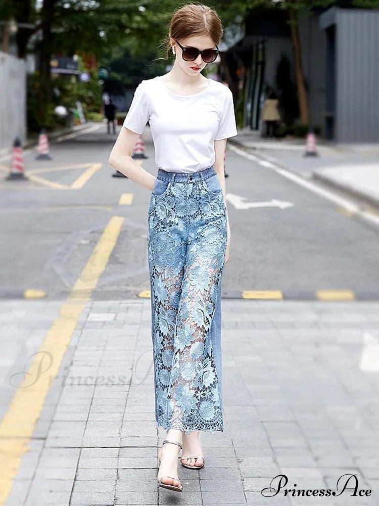 Loose Versatile Hollow Out Lace Pants