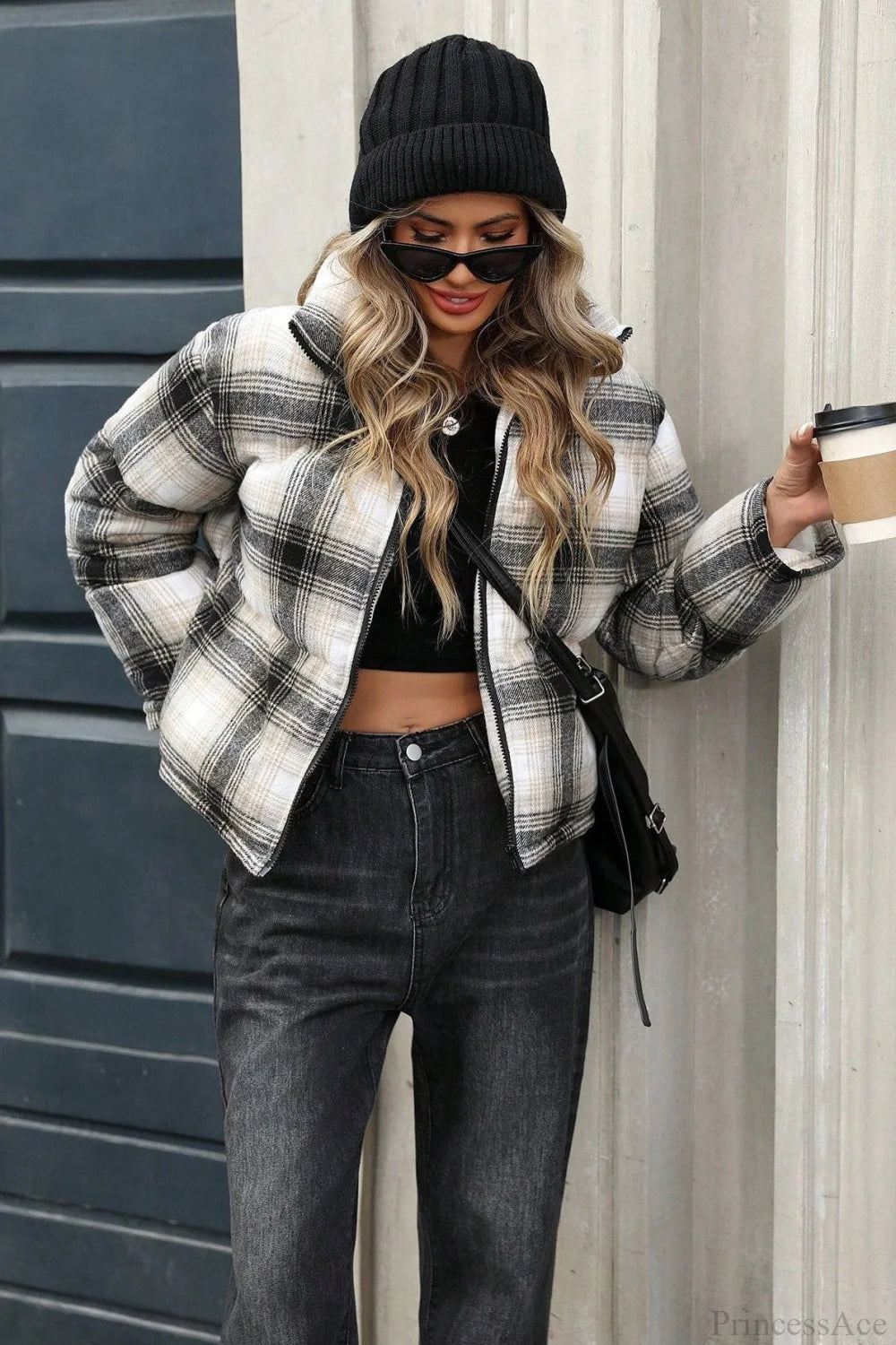 Loose Versatile Plaid Cropped Cotton Coat
