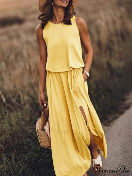 Loose Waisted Round Charming Neck Sleeveless Slit Dress Yellow / S Dresses