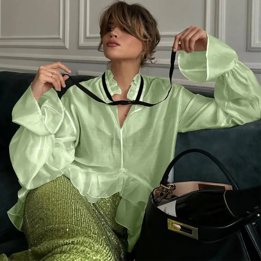 Loose White Ruffled Blouse Green / S blouse-250223