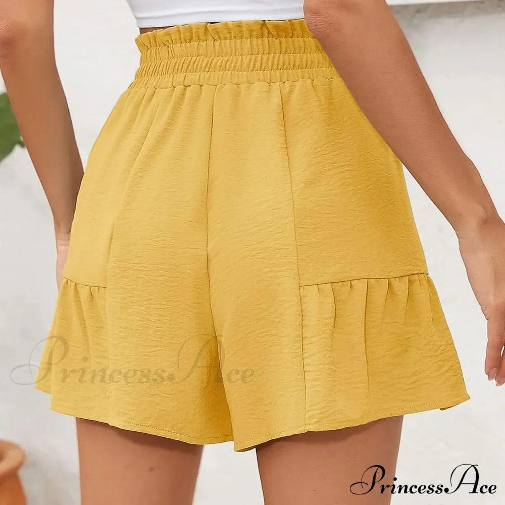 Loose Wide Lightweight High Waisted Adjustable Tie Knot Yellow Short