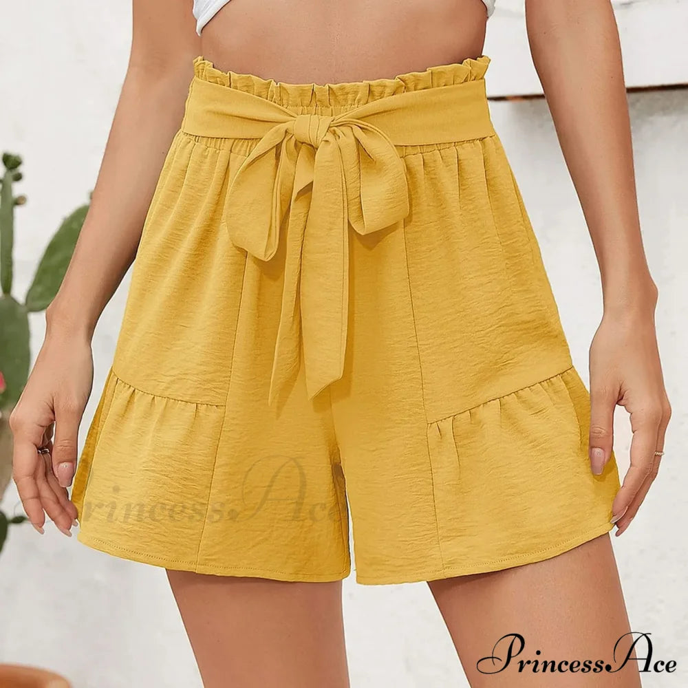 Loose Wide Lightweight High Waisted Adjustable Tie Knot Yellow Short