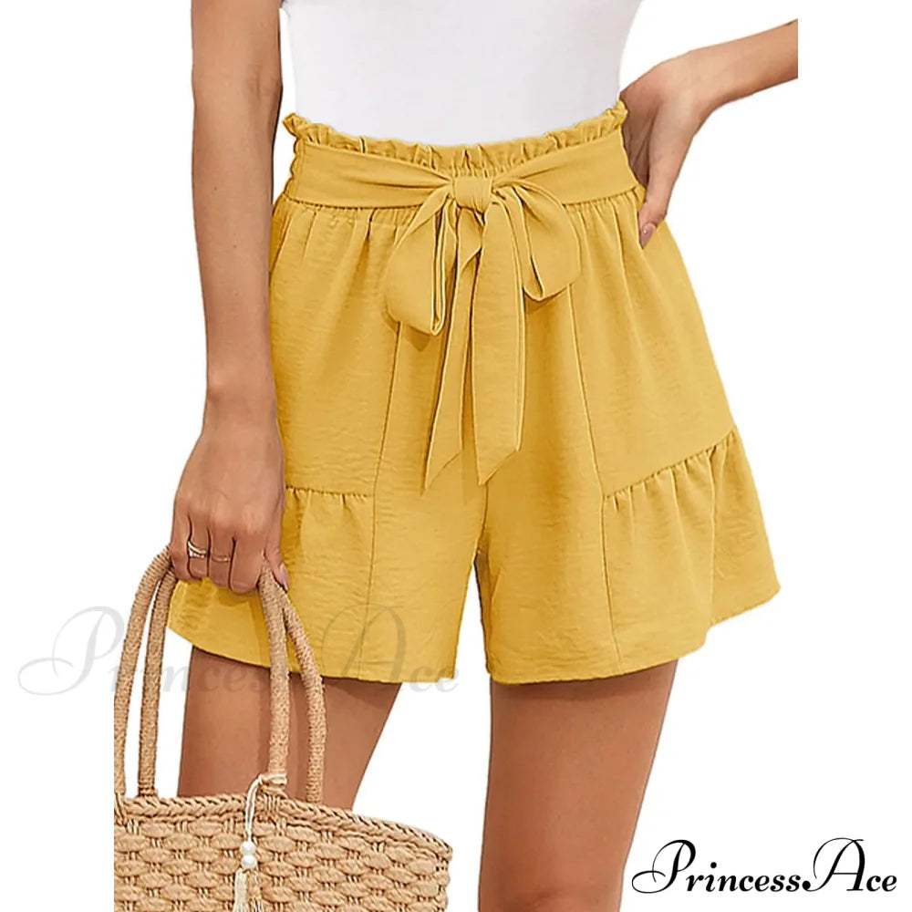 Loose Wide Lightweight High Waisted Adjustable Tie Knot Yellow Short / S