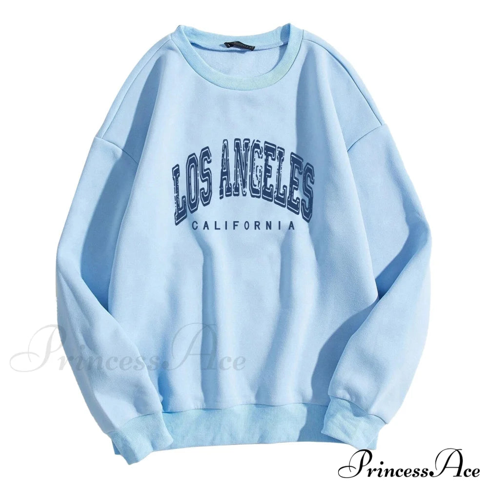 Los Angeles Letter Print Brown Hoody Pullover Blue / S