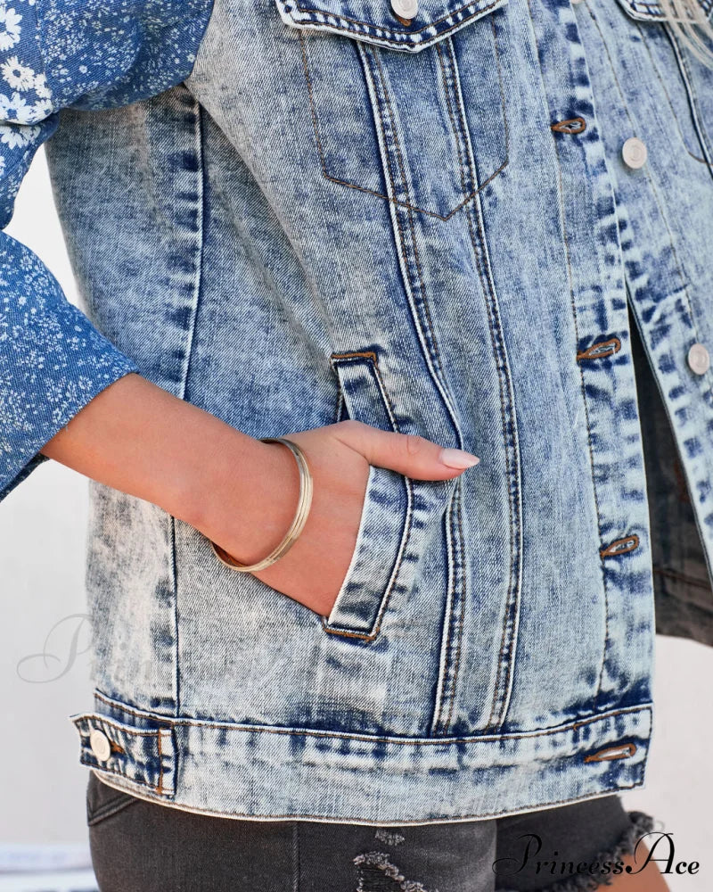 Lotus Patchwork Denim Jacket With Pockets Coats-L