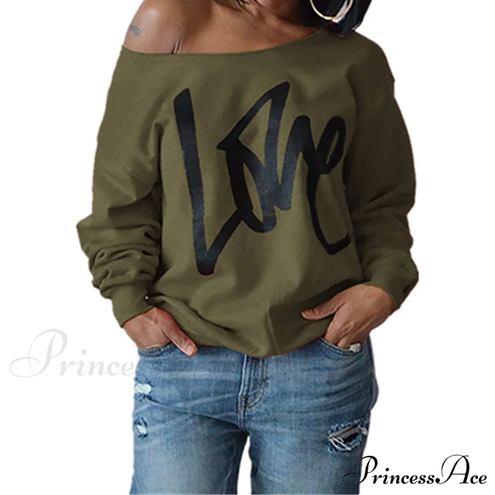 Womens Love Letter Printed Off Shoulder Pullover Sweatshirt Slouchy Tops Shirts Army Green __stock:50 clothes refund_fee:800 tops