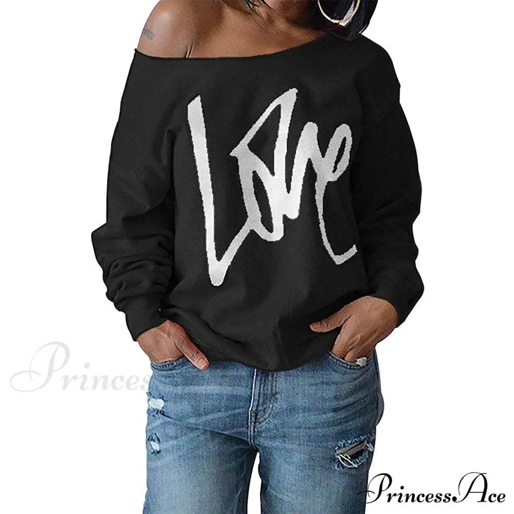 Womens Love Letter Printed Off Shoulder Pullover Sweatshirt Slouchy Tops Shirts Black __stock:50 clothes refund_fee:800 tops