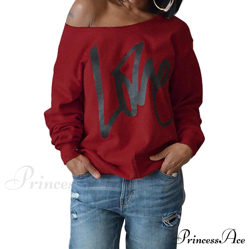 Womens Love Letter Printed Off Shoulder Pullover Sweatshirt Slouchy Tops Shirts Burgundy __stock:50 clothes refund_fee:800 tops