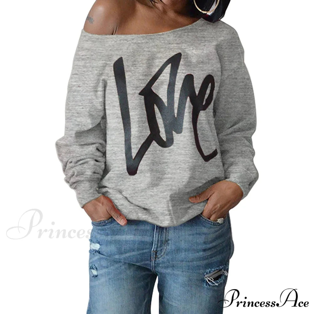 Womens Love Letter Printed Off Shoulder Pullover Sweatshirt Slouchy Tops Shirts Gray __stock:50 clothes refund_fee:800 tops