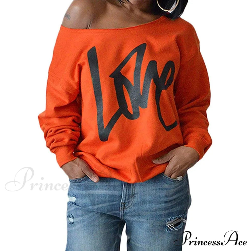 Womens Love Letter Printed Off Shoulder Pullover Sweatshirt Slouchy Tops Shirts Orange __stock:50 clothes refund_fee:800 tops