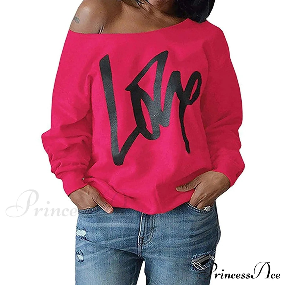 Womens Love Letter Printed Off Shoulder Pullover Sweatshirt Slouchy Tops Shirts Rose Red __stock:50 clothes refund_fee:800 tops