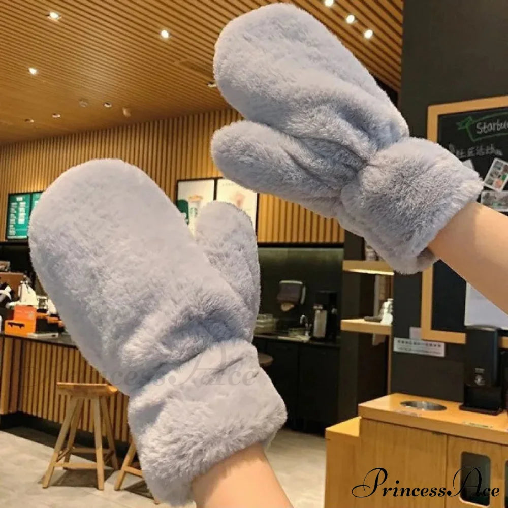 Lovely Plush Fluffy Winter Gloves - Windproof And Thickened For Christmas Grey Gloves-L