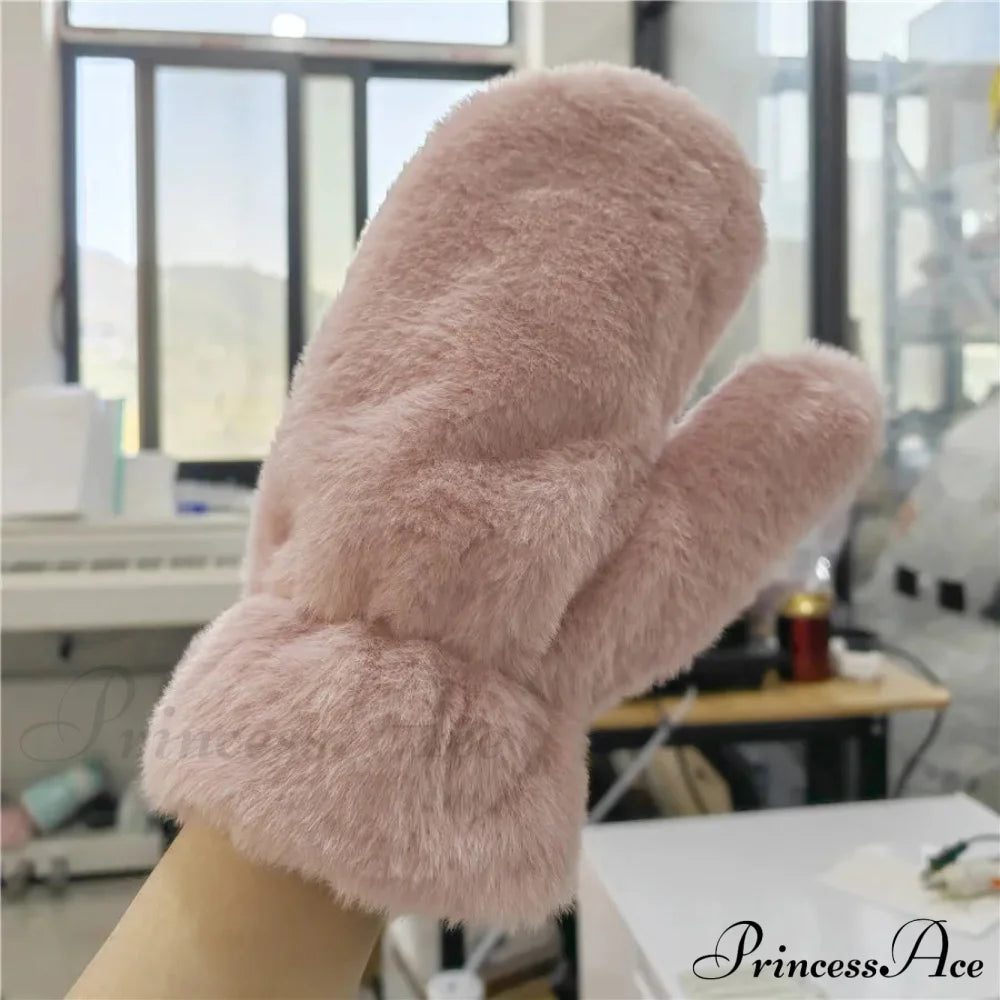 Lovely Plush Fluffy Winter Gloves - Windproof And Thickened For Christmas Pink Gloves-L