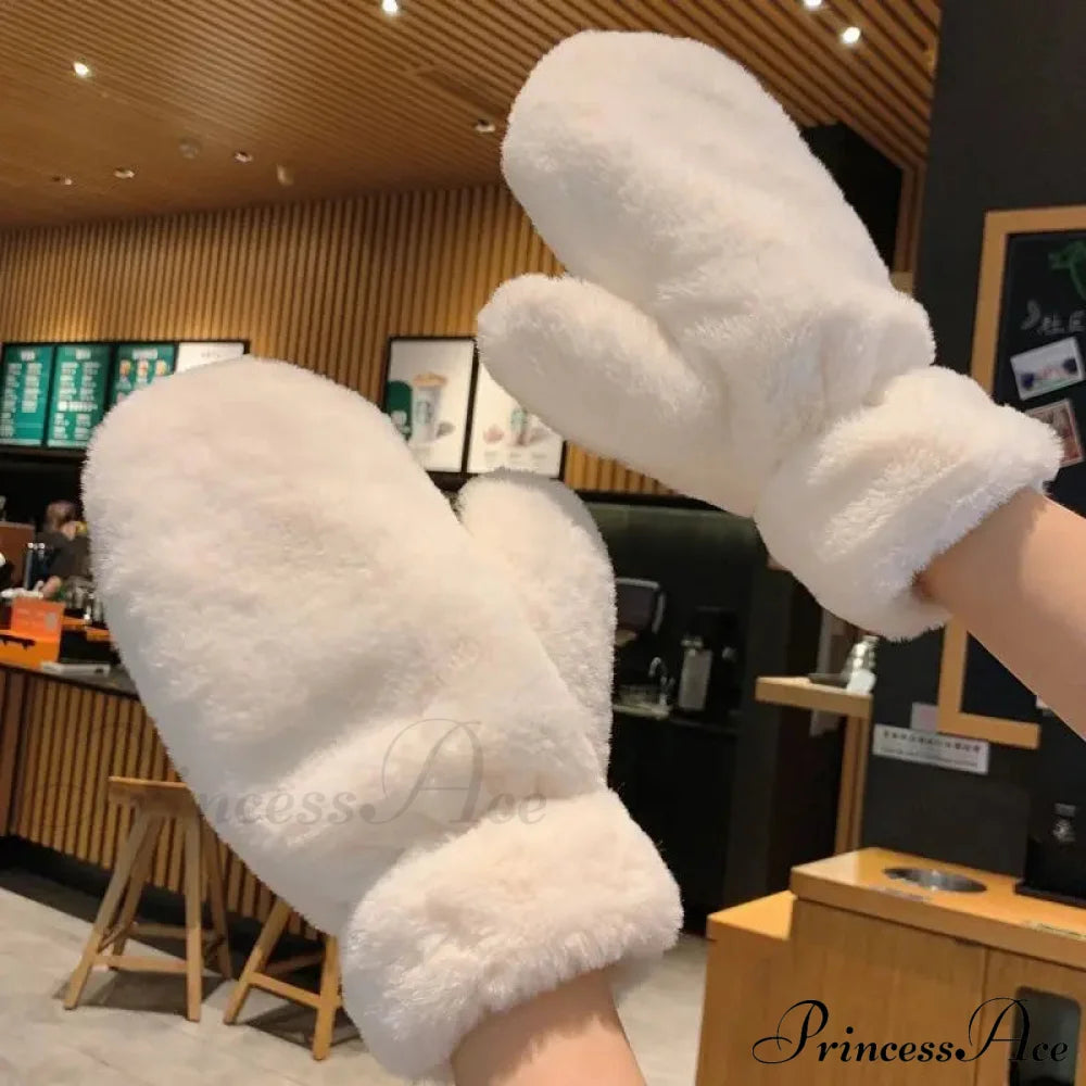 Lovely Plush Fluffy Winter Gloves - Windproof And Thickened For Christmas White Gloves-L