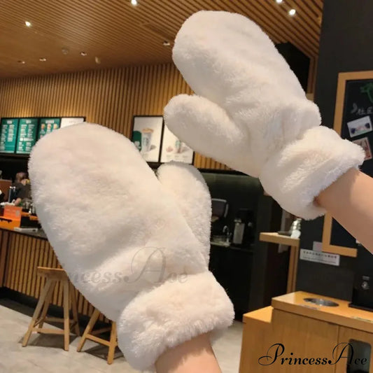 Lovely Plush Fluffy Winter Gloves - Windproof And Thickened For Christmas White Gloves-L