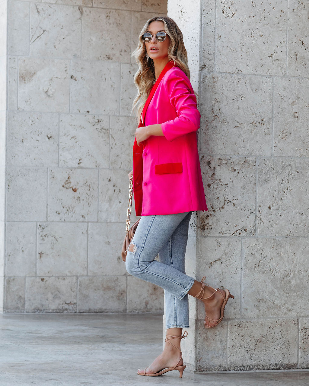 Love Notes Colorblock Blazer - Fuchsia Red