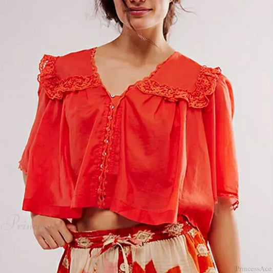 Low Cut Chiffon Ruffle Lace Trim Blouse Red / XS blouse-250223