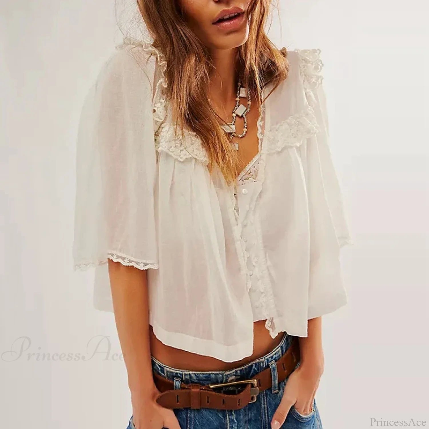Low Cut Chiffon Ruffle Lace Trim Blouse WHITE / XS blouse-250223