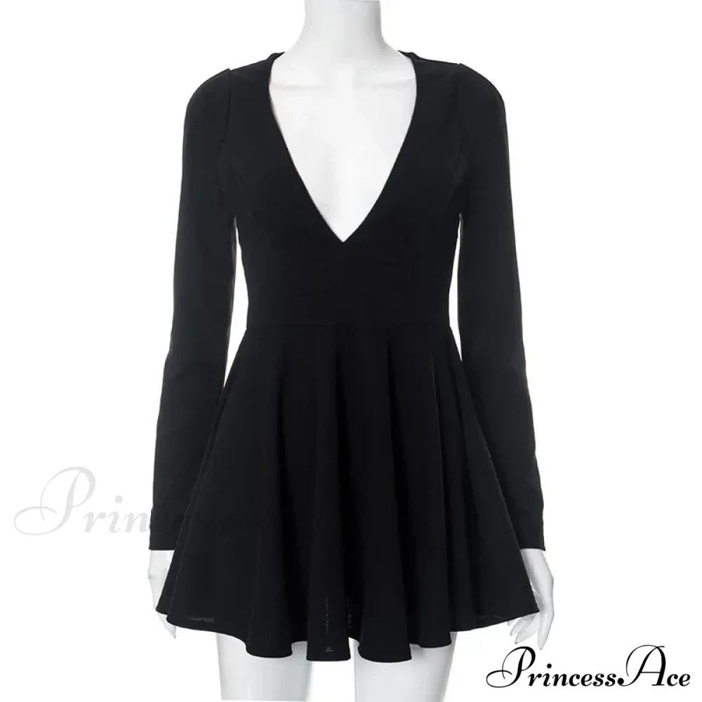 Low Cut Long Sleeve Backless A Line Mini Dress