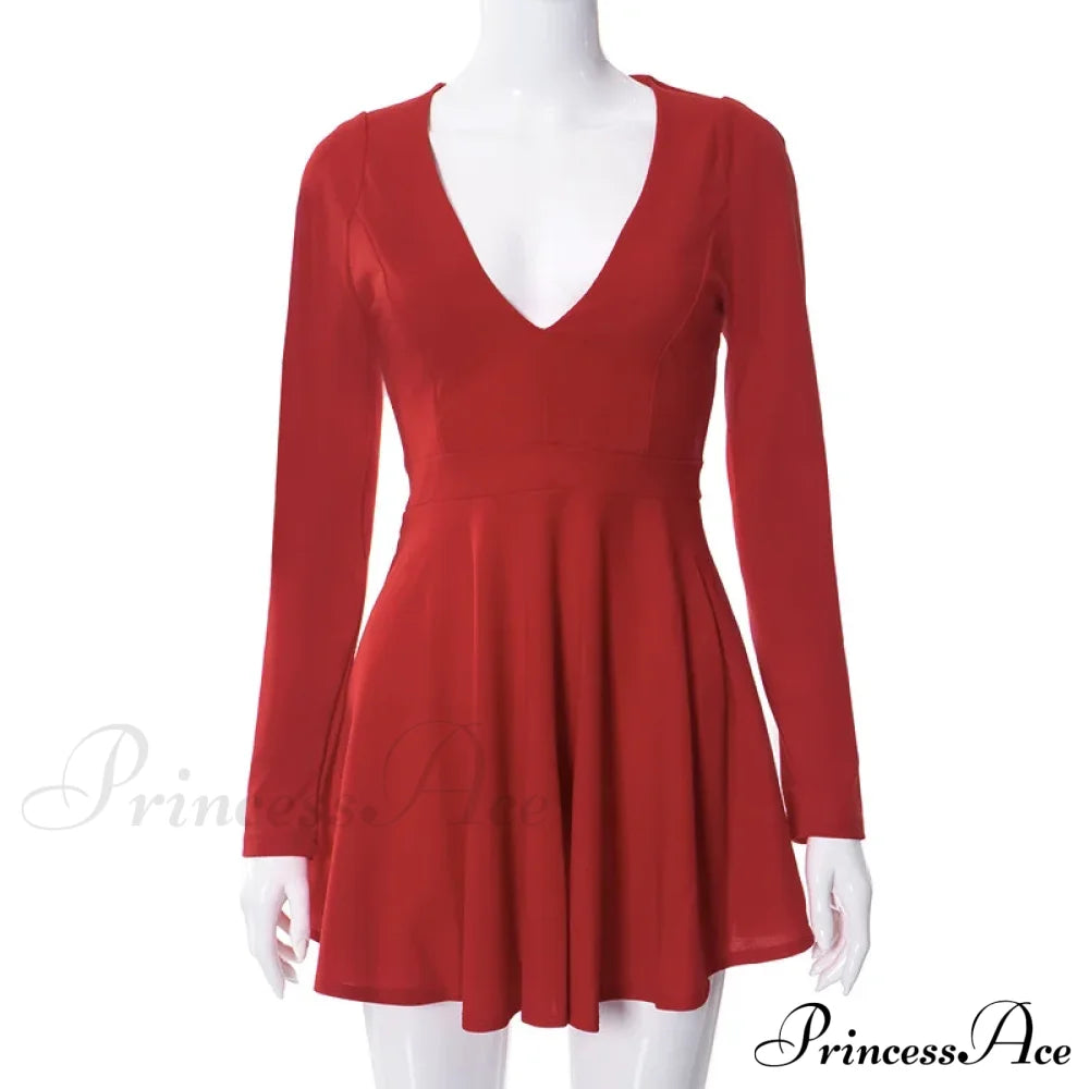 Low Cut Long Sleeve Backless A Line Mini Dress Red / S