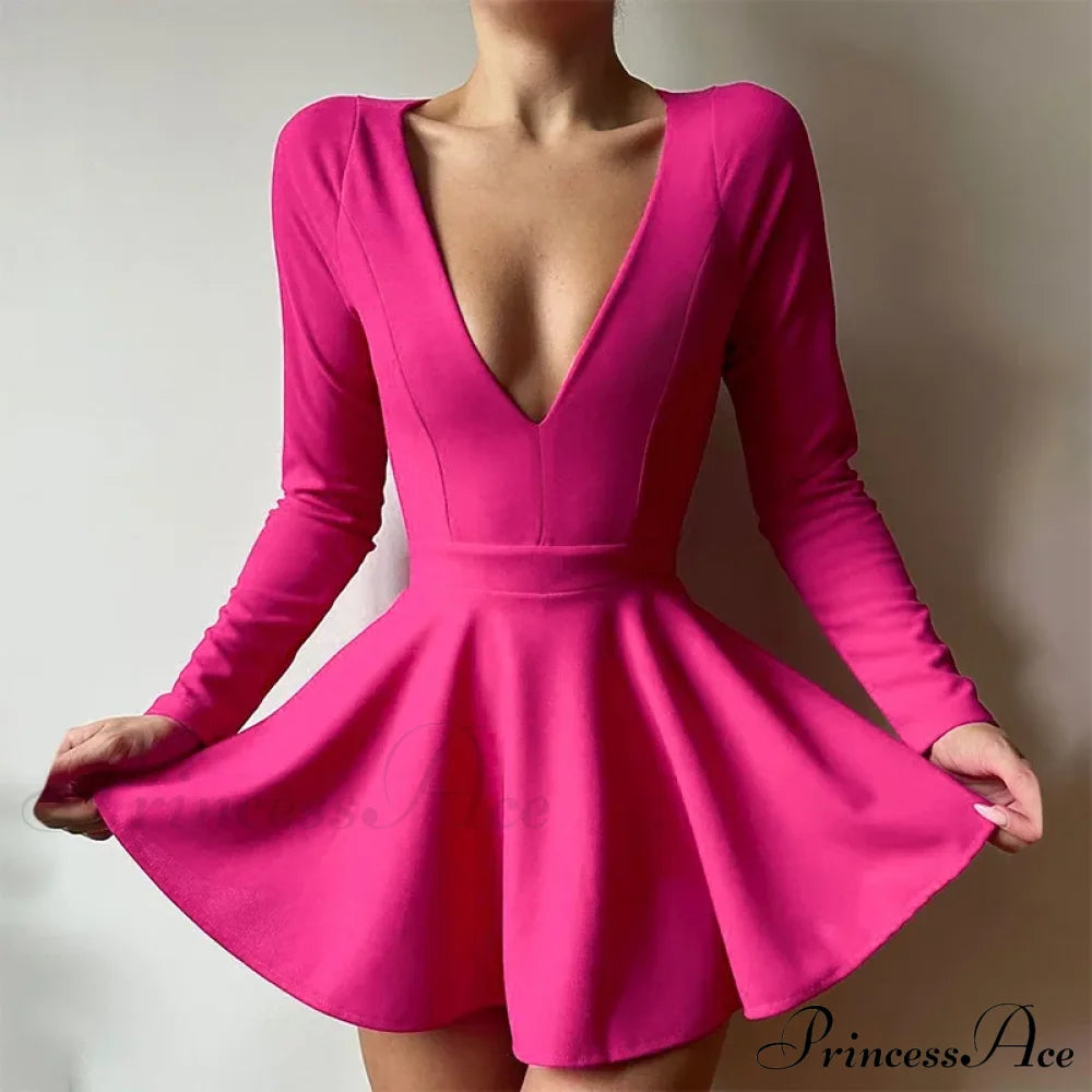 Low Cut Long Sleeve Backless A Line Mini Dress Rose Red / S