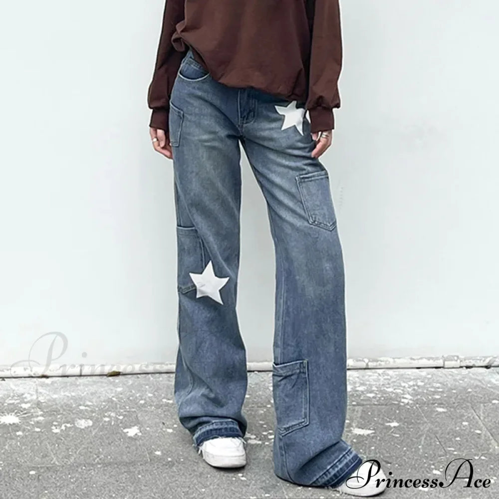 Low Rise Flared Retro Star Print Pockets Distressed Burr Y2K Streetwear Denim Jean