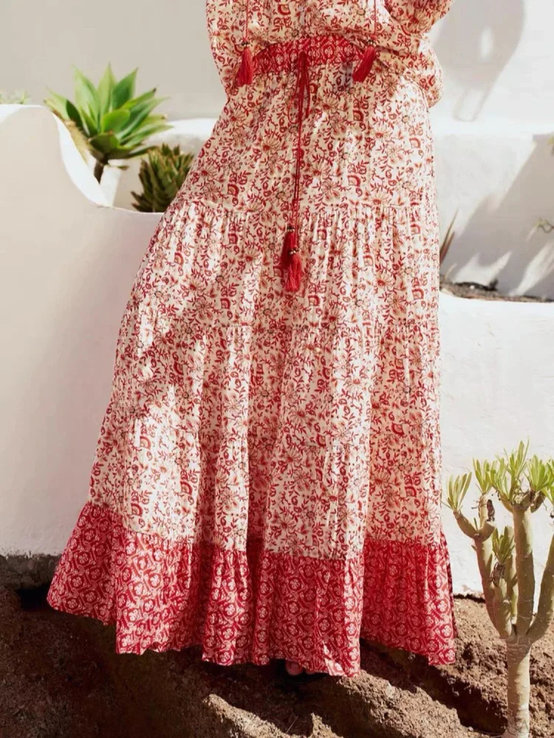 Low Waist A-line Beach Skirt Floral Red Maxi Ruffled Holiday Skirts / XS