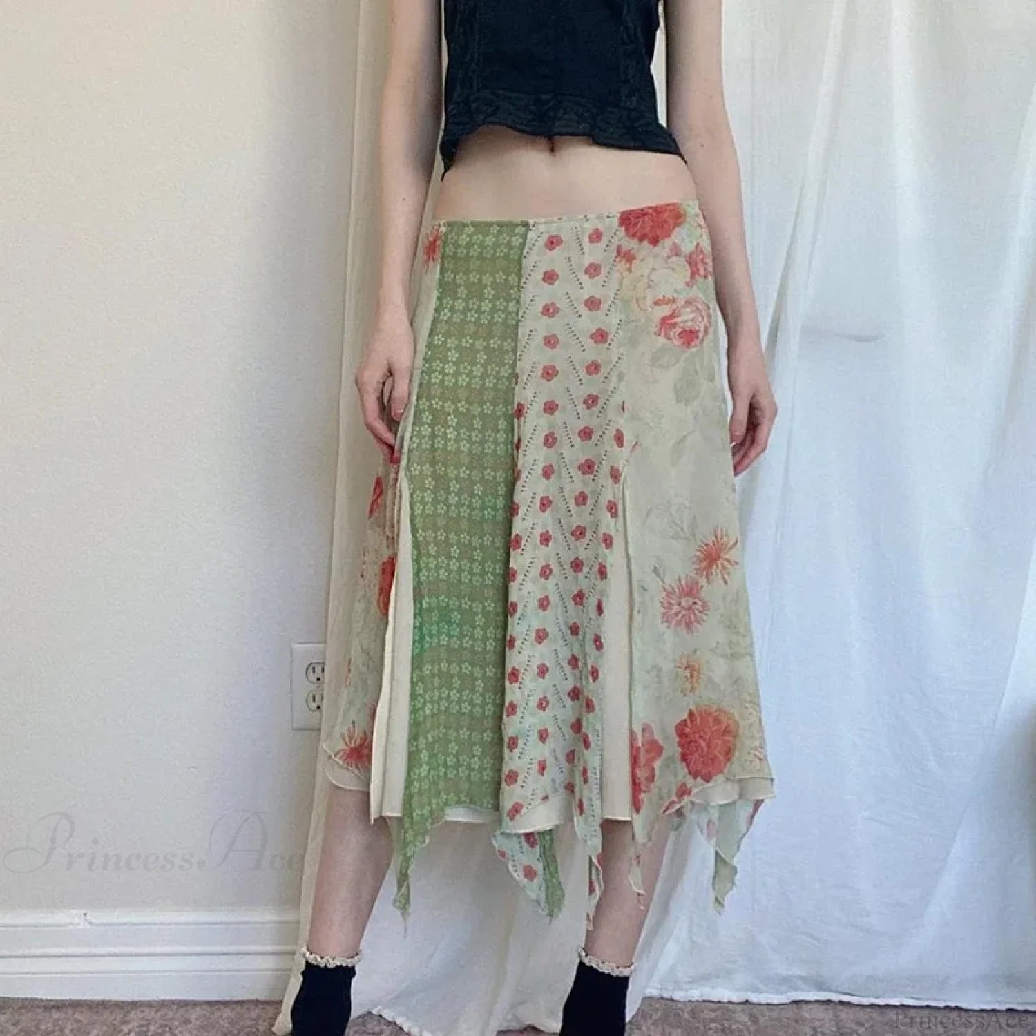 Low Waist Boho Skirts Irregular Length Floral Chiffon Vacation skirt-250126