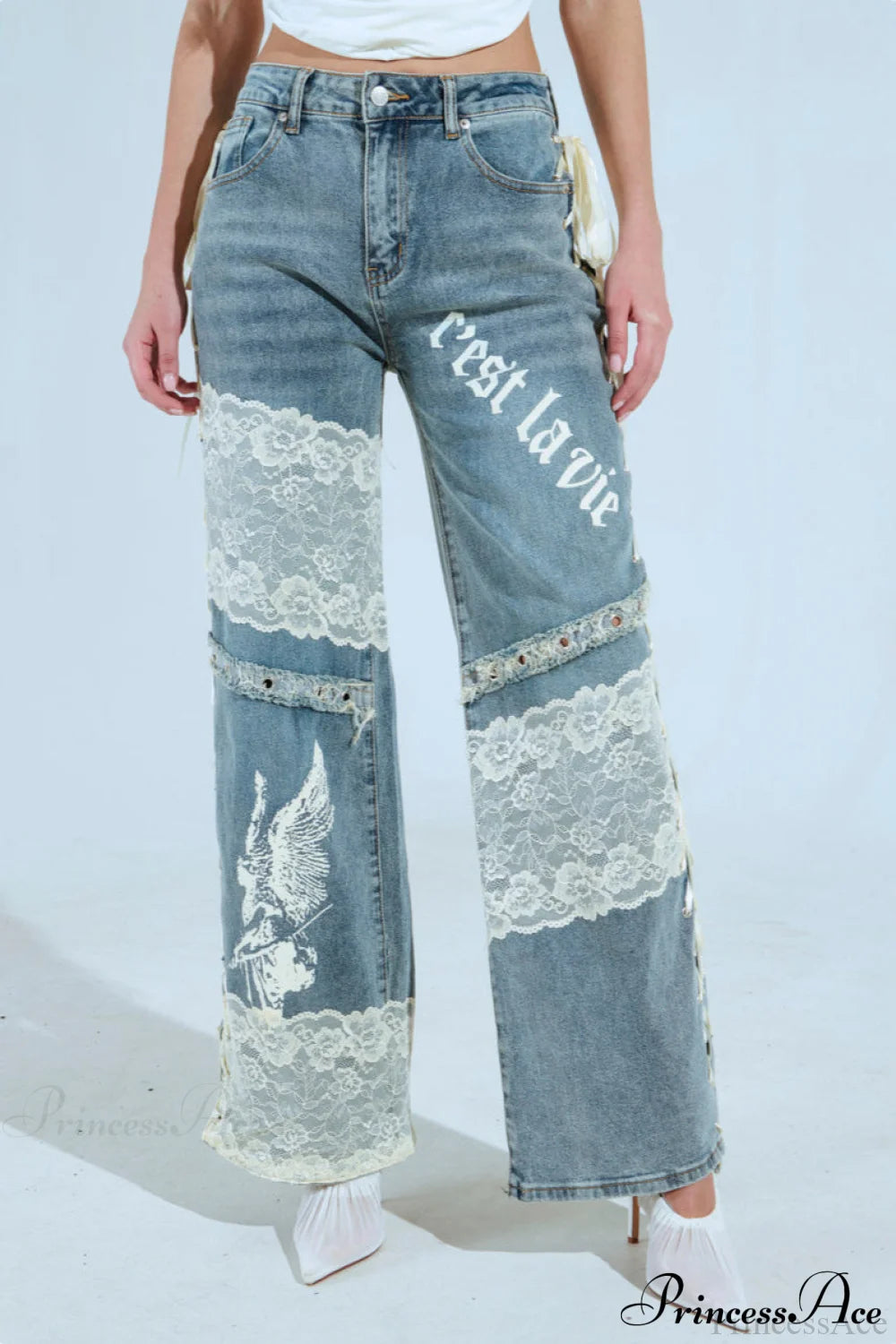 Low Waist Lace Panel Straight Stylish Jeans Blue / S