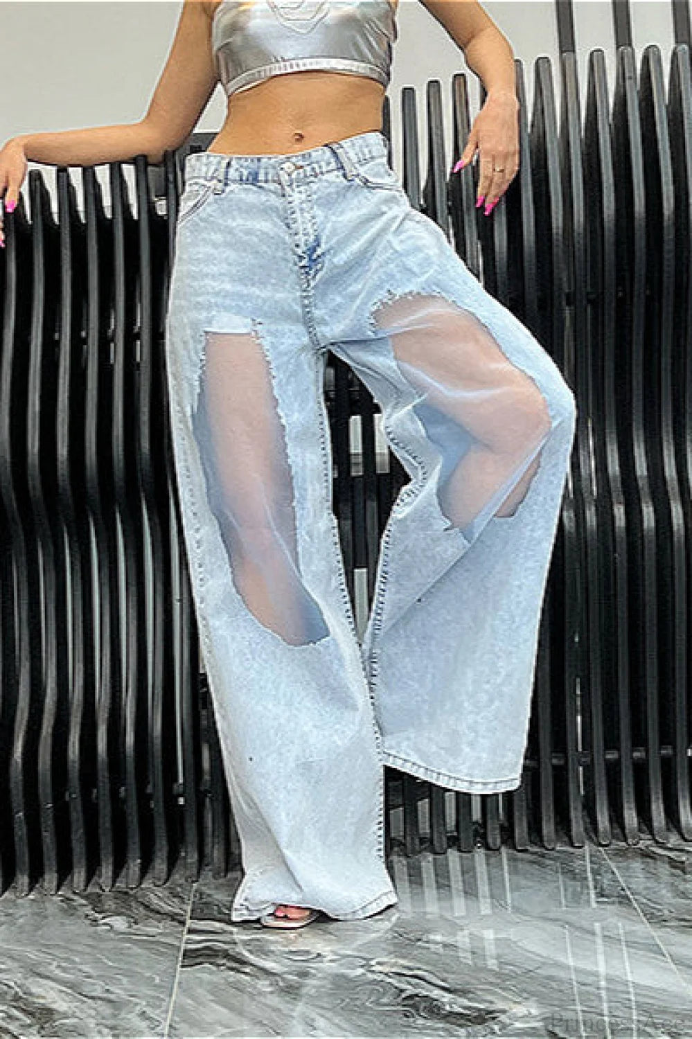 Low Waist Ripped Mesh Panel Wide Leg Jeans Blue / S