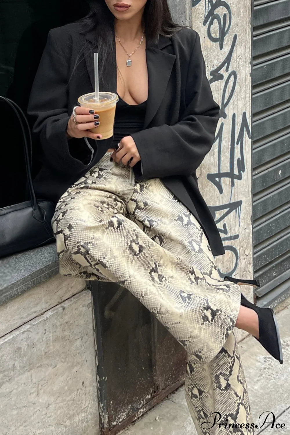 Low-Waist Snake Print Wide-Leg Jeans