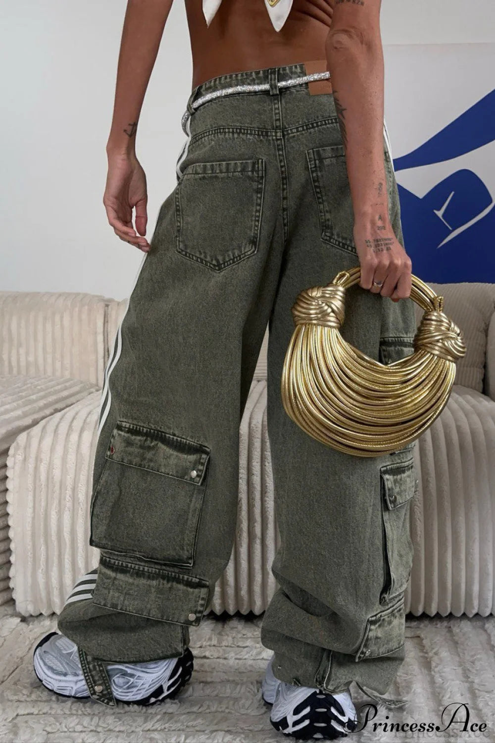 Low Waisted Striped Flowy Wide Leg Jeans