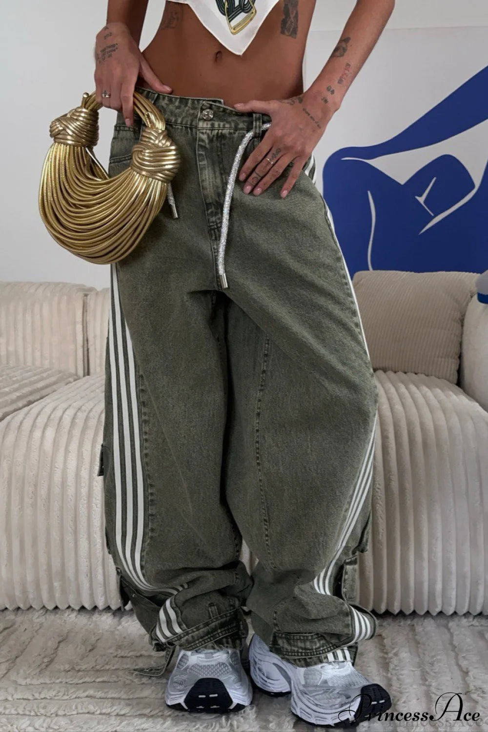 Low Waisted Striped Flowy Wide Leg Jeans Green / S