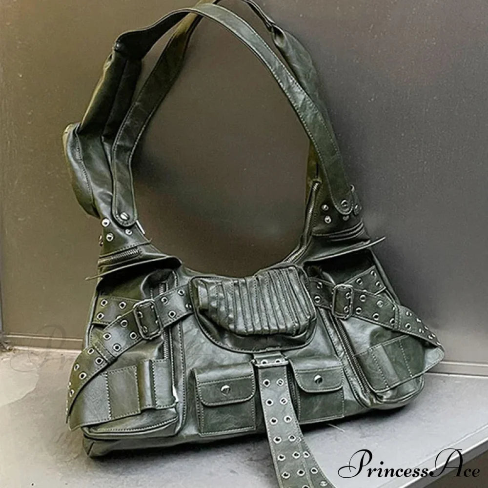 Luxury Designer Multiple Pockets Rivet Wide Strap Knot Shoulder Moto Bag Green / 30Cm Halloween