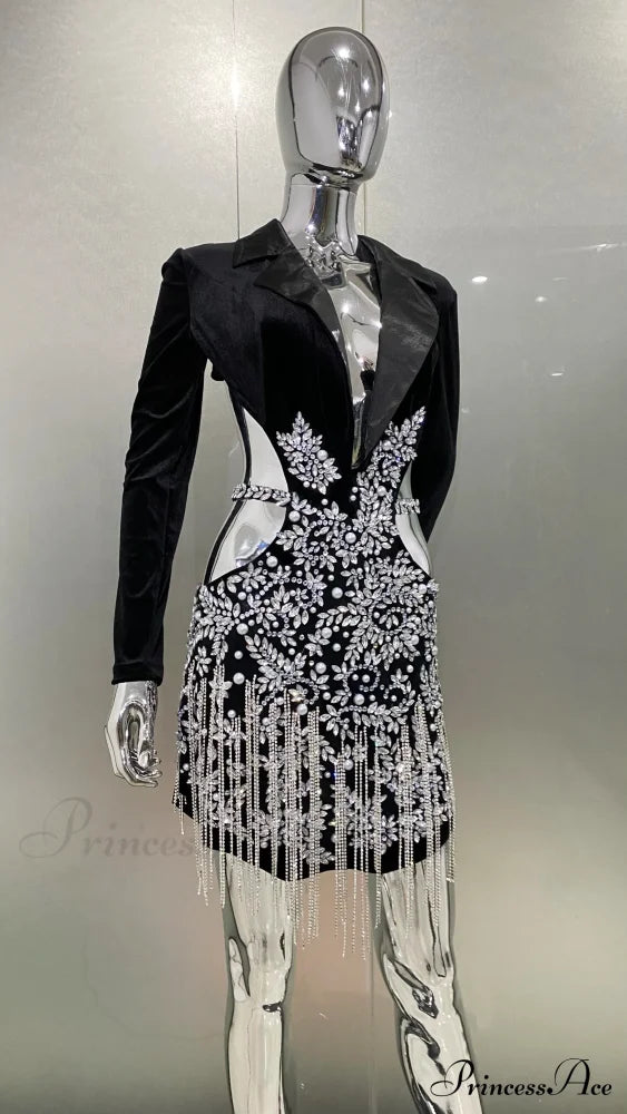 Luxury Diamonds Tassel Sexy Hollow Notched Black Mini Dress Evening Christmas Party Dresses-L