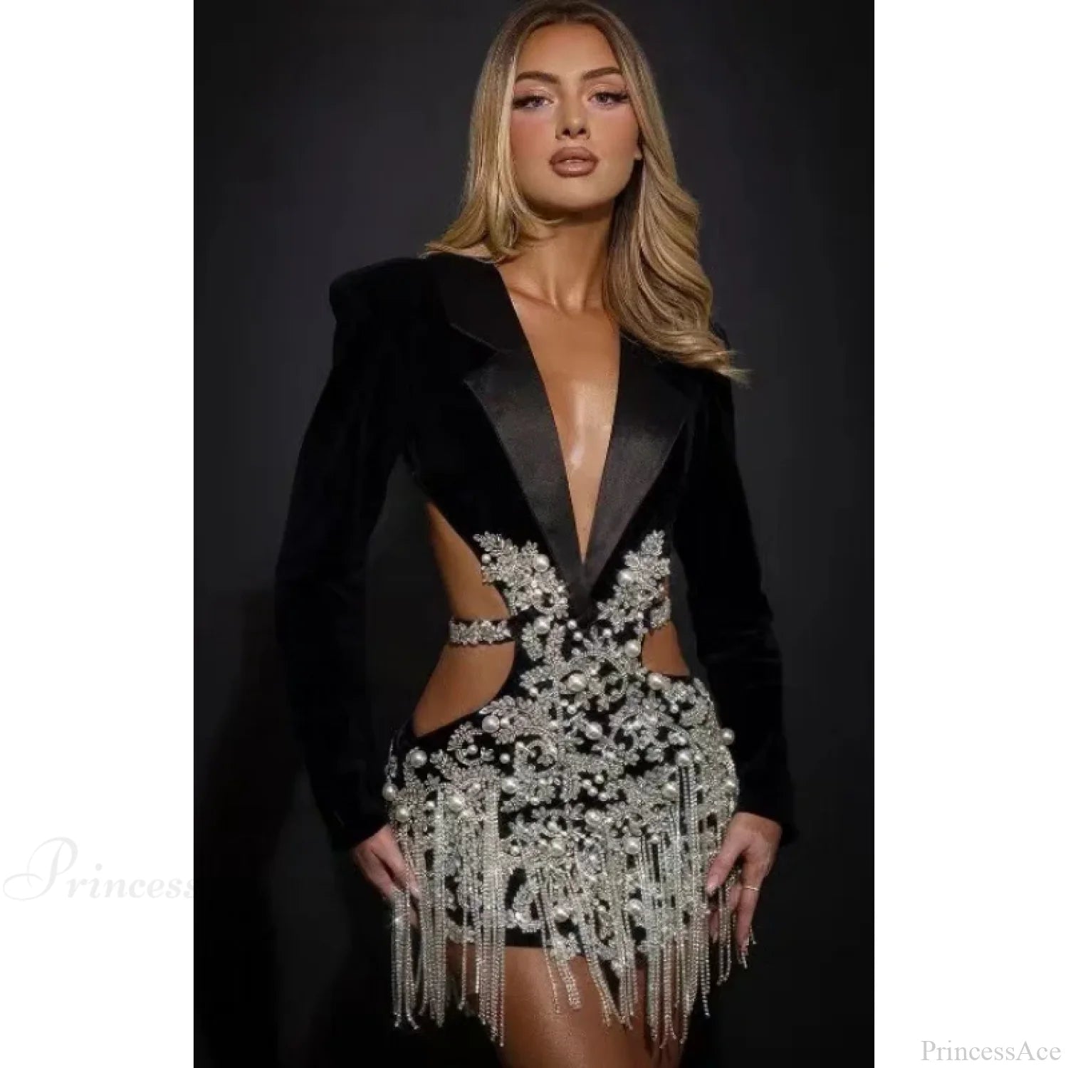 Luxury Diamonds Tassel Sexy Hollow Notched Black Mini Dress Evening Christmas Party Xs Dresses-L